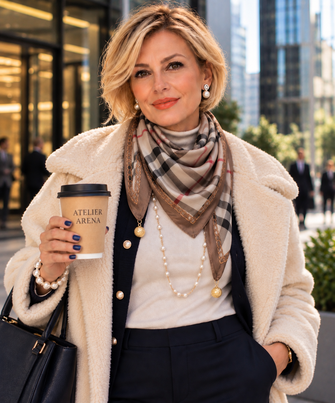 Beige Plaid Scarf with Magnetic Closure