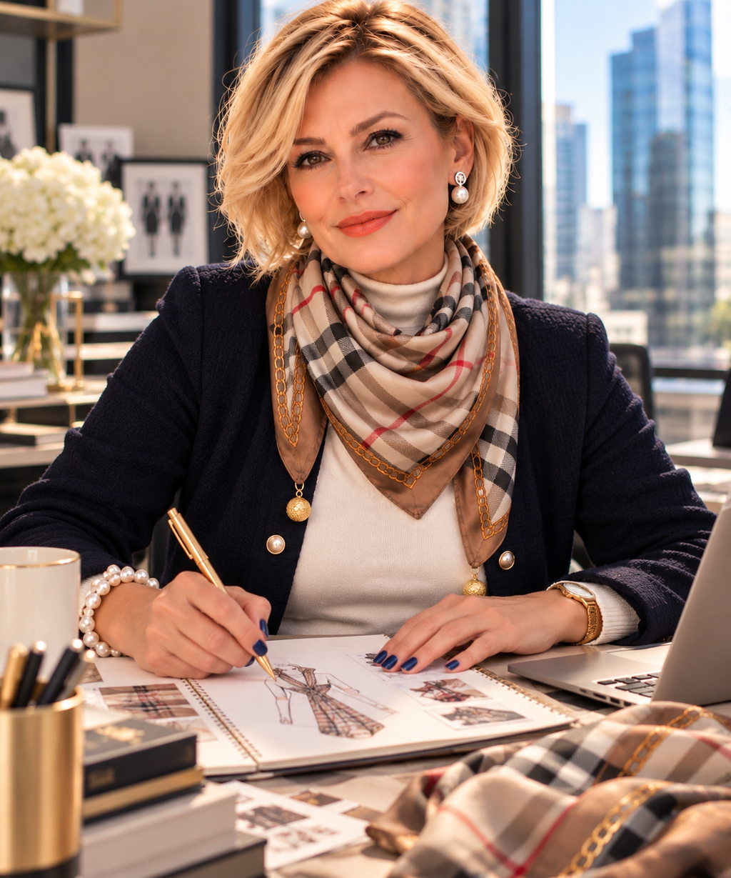 Beige Plaid Scarf with Magnetic Closure