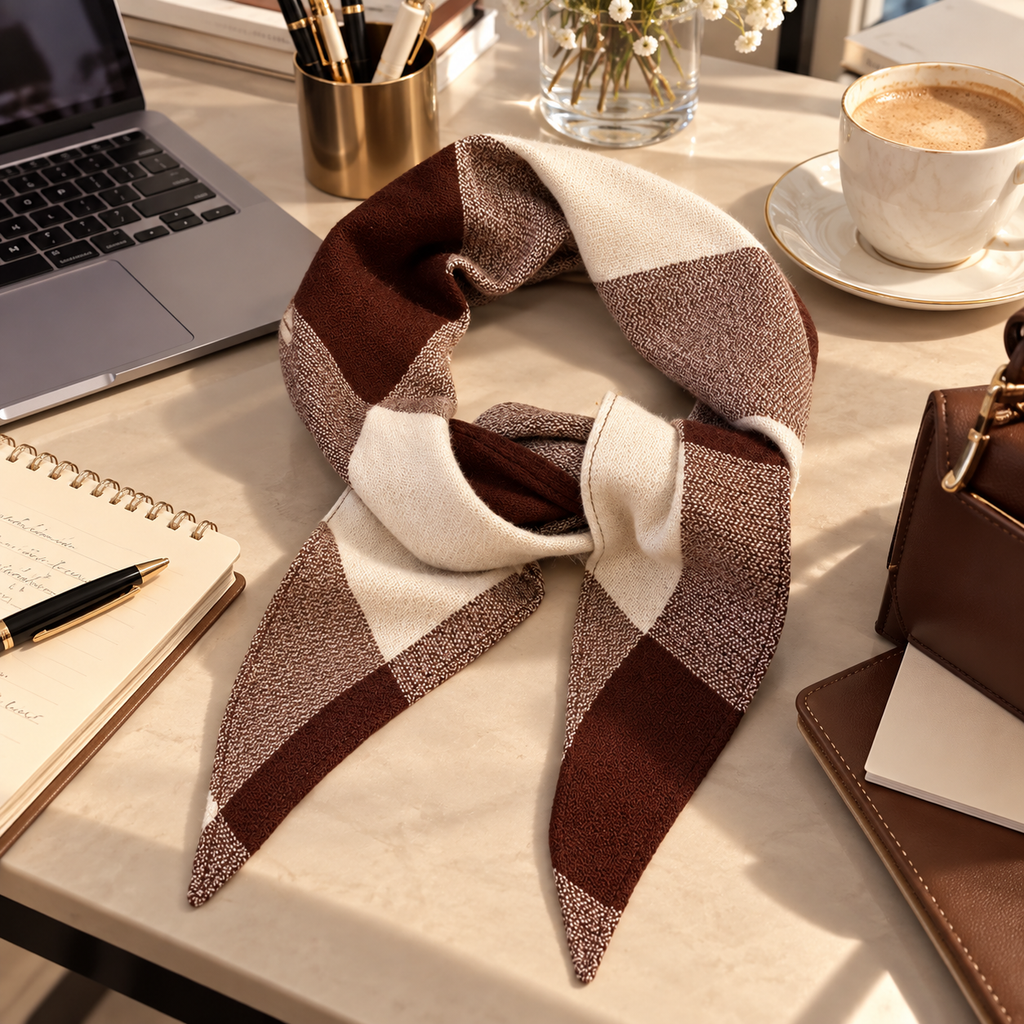 Chocolate Plaid Wool Triangle Scarf – 100% Wool