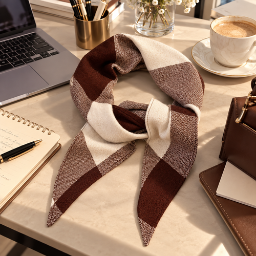 Chocolate Plaid Wool Triangle Scarf – 100% Wool