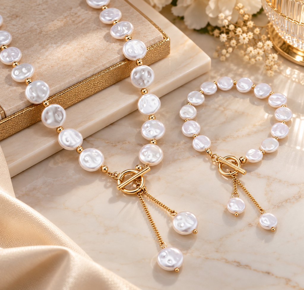 Pearl Necklace & Bracelet Set