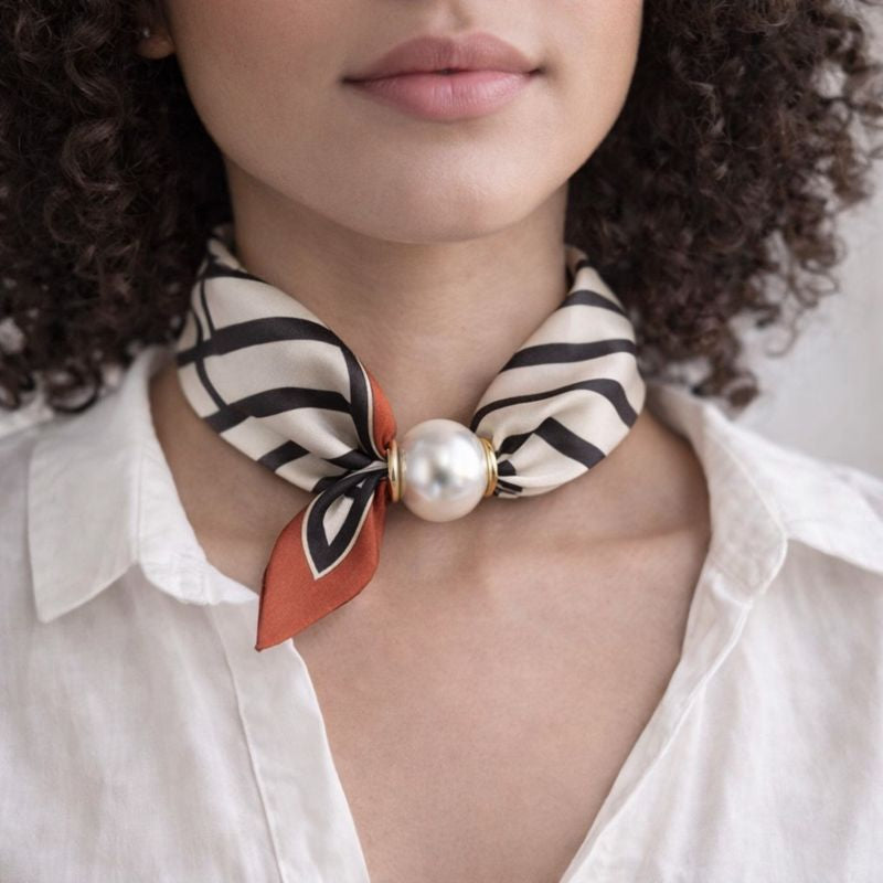 Silk Scarf with Pearl - Black White Stripes Orange