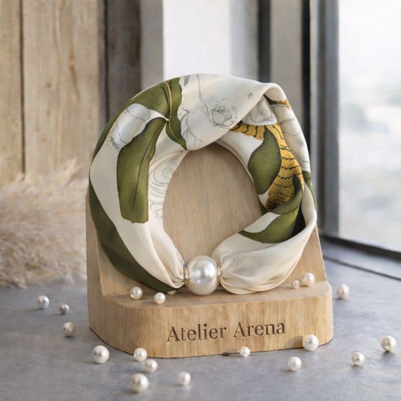 Silk Scarf with Pearl - Green Cream Floral Print