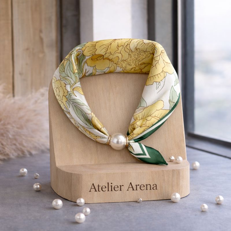 Floral Print Scarf with Pearl - Yellow/Green