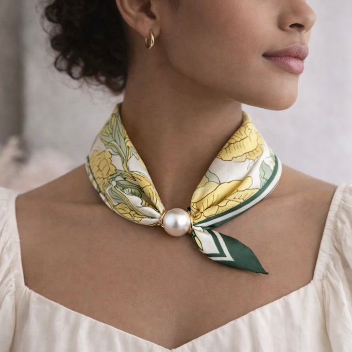 Floral Print Scarf with Pearl - Yellow/Green