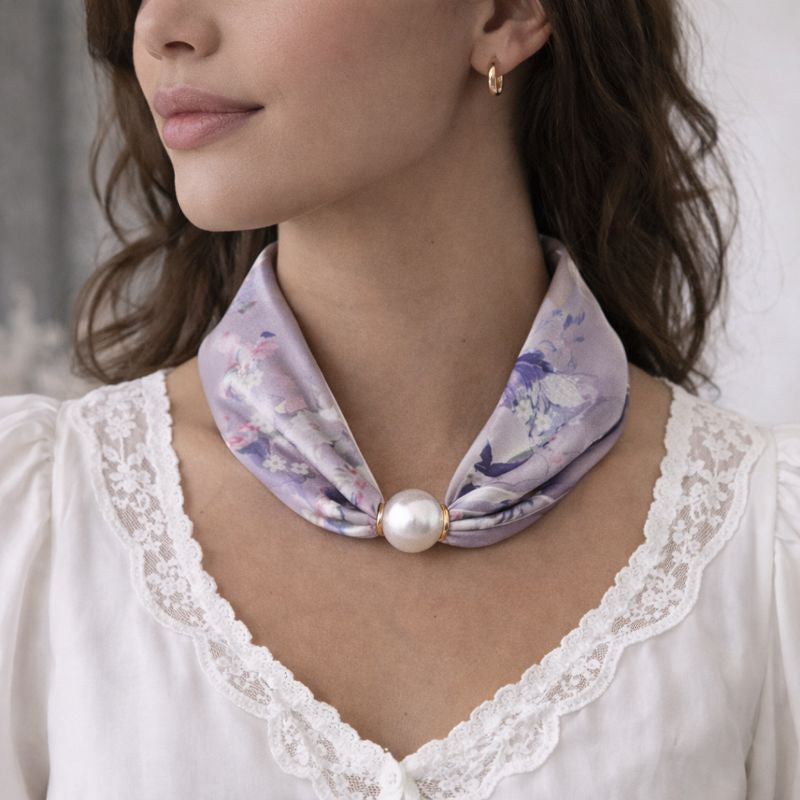 Floral Print Scarf with Pearl - Lilac