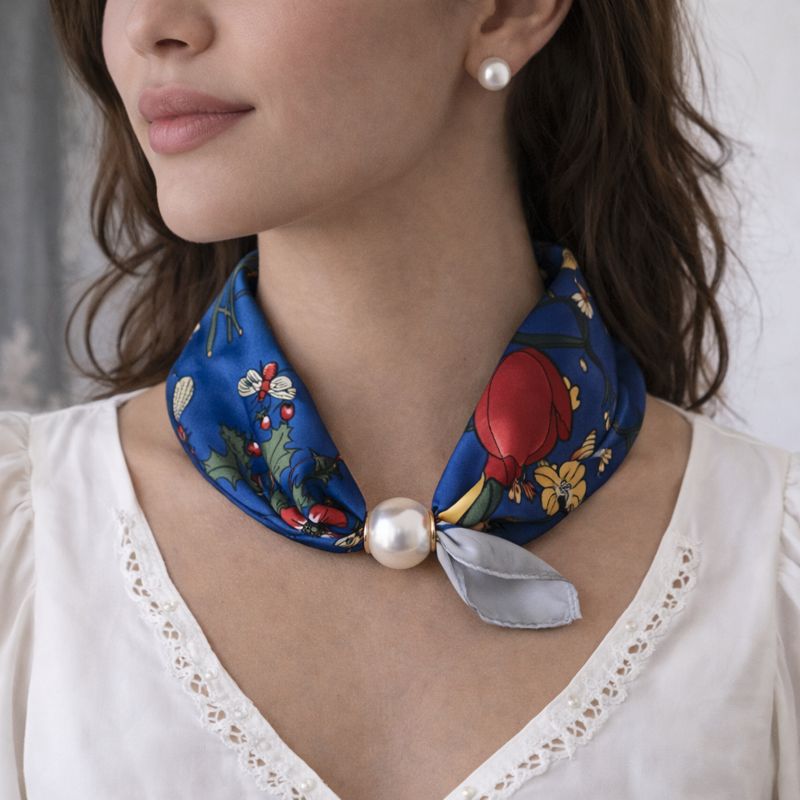 Floral Print Scarf with Pearl - Cobalt Blue