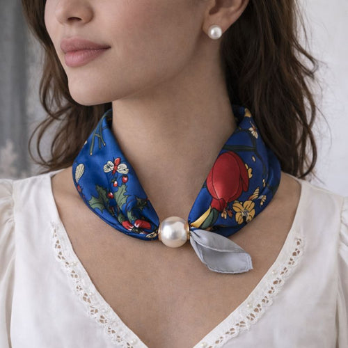 Floral Print Scarf with Pearl - Cobalt Blue