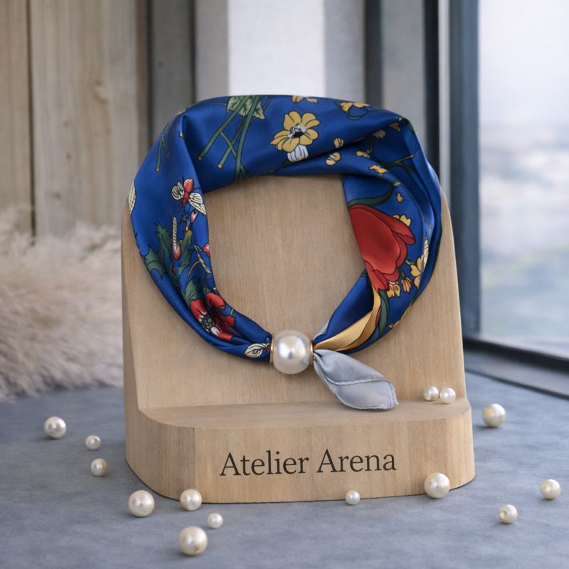 Floral Print Scarf with Pearl - Cobalt Blue