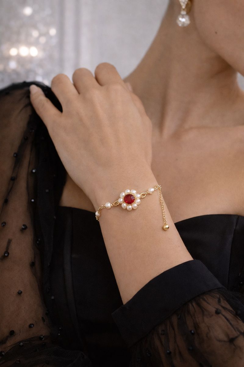 Pearl Flower Bracelet with Red Stone Gold