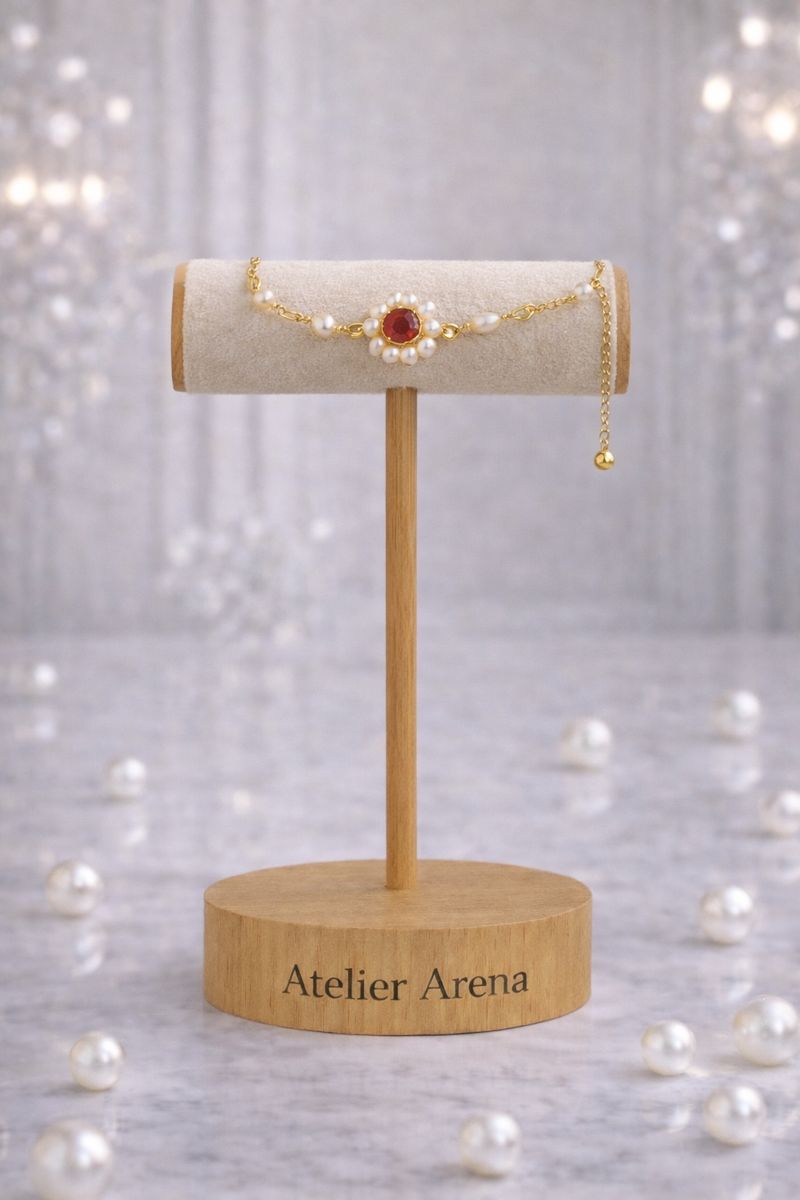 Pearl Flower Bracelet with Red Stone Gold