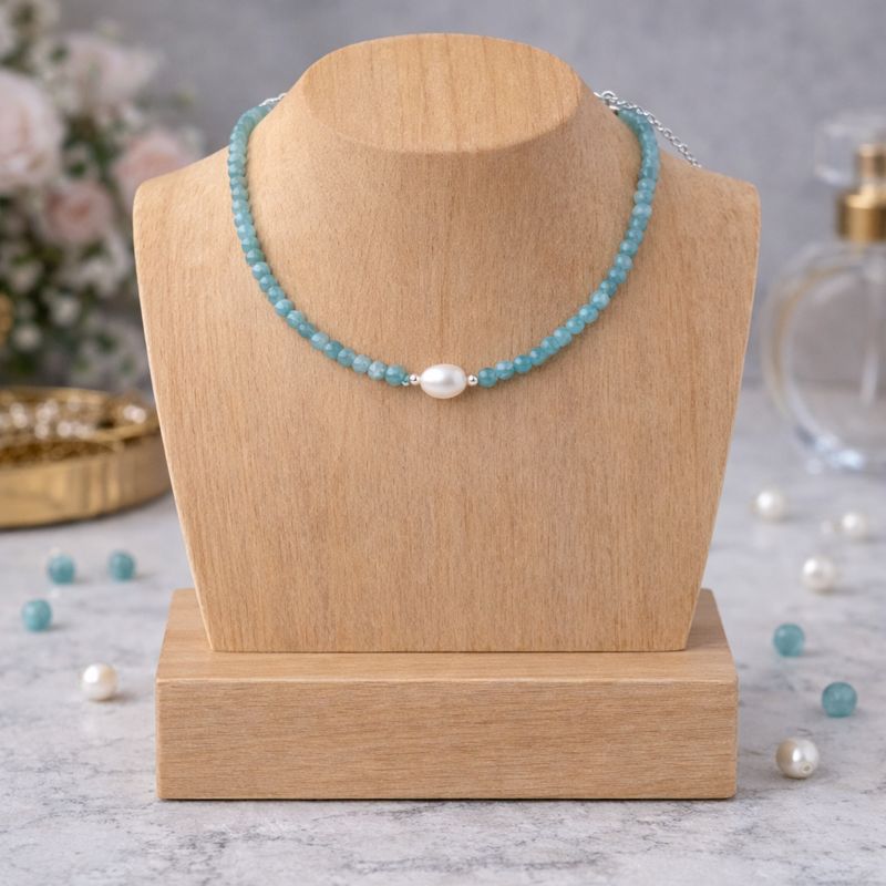 Aquamarine Necklace with Freshwater Pearl - Adjustable Choker