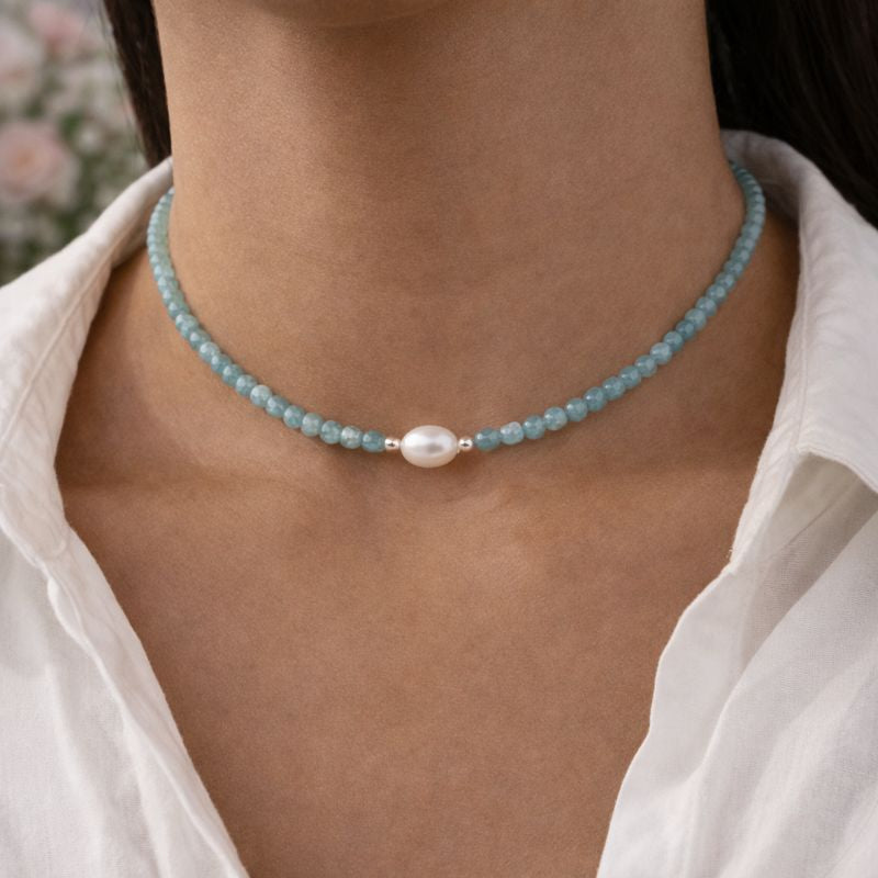 Aquamarine Necklace with Freshwater Pearl - Adjustable Choker