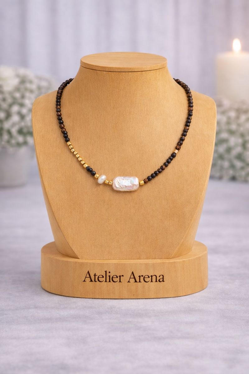 Tiger Eye Necklace with Baroque Pearl - Gold-Tone Accents
