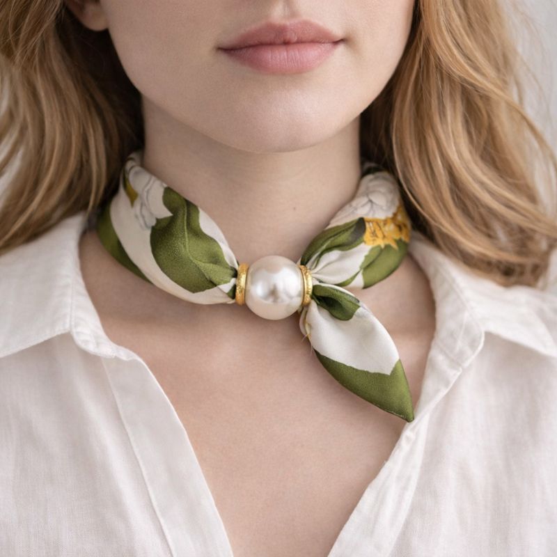 Silk Scarf with Pearl - Green Cream Floral Print