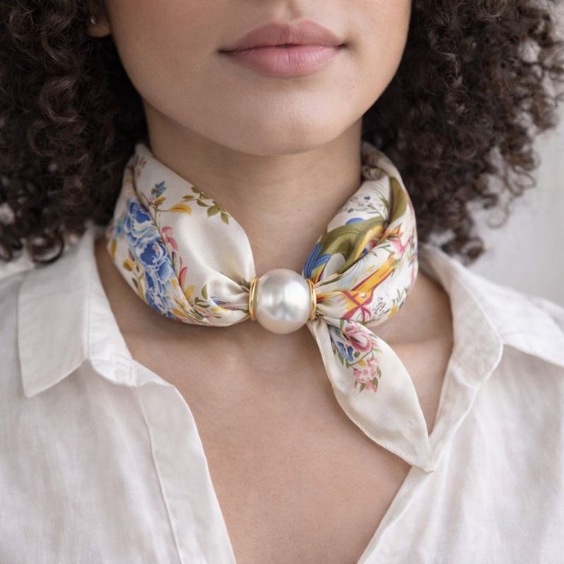 Silk Scarf with Pearl - Floral Print