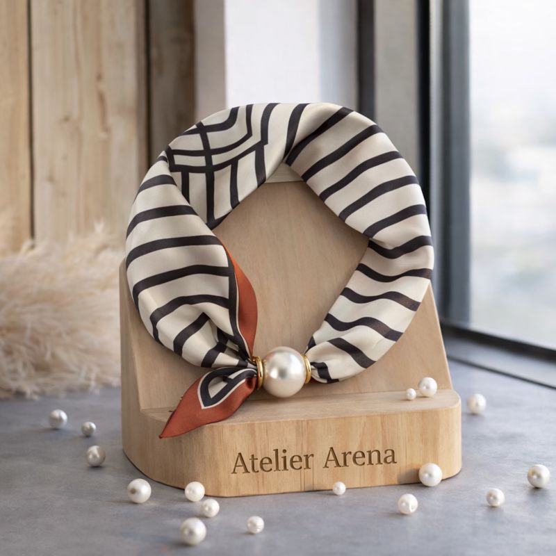 Silk Scarf with Pearl - Black White Stripes Orange