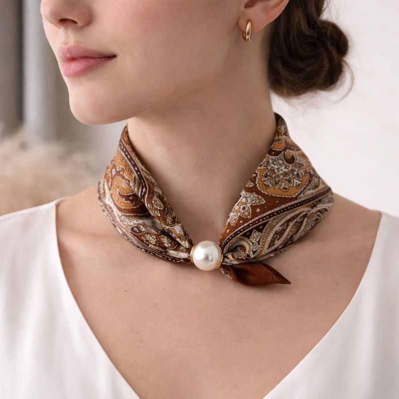 Paisley Scarf with Pearl - Brown