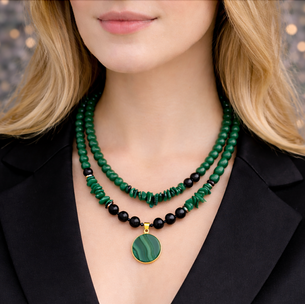 Malachite and Black Agate Necklace with Pendant