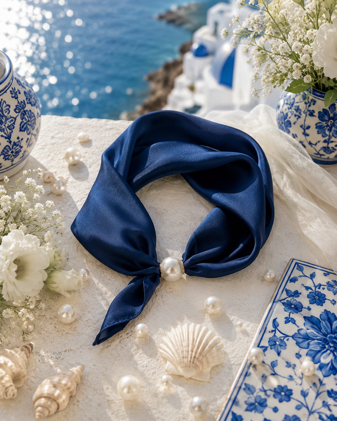 Marineblauw Satijnen Sjaal met Parelsluiting