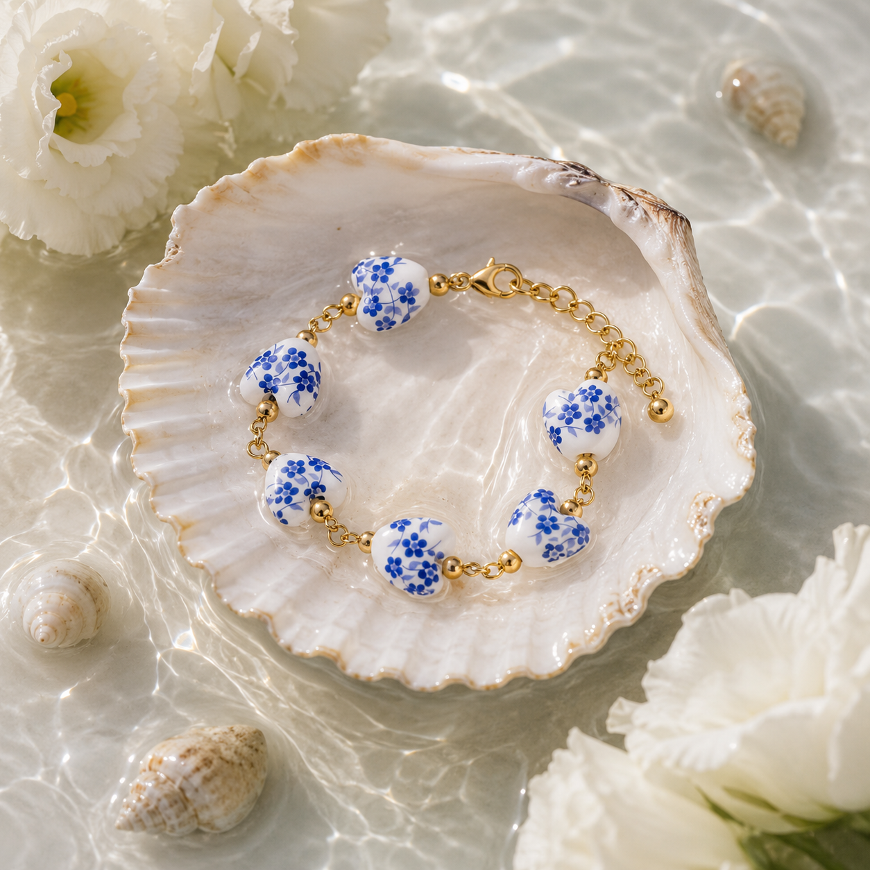 Delfts Blauw Armband met Gouden Schakelketting