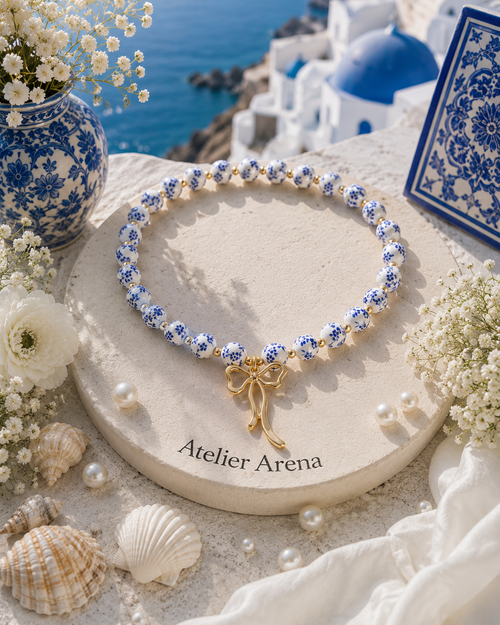 Delft Blue Necklace with Gold Bow