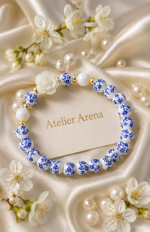 Delft Blue Beaded Bracelet with White Flower